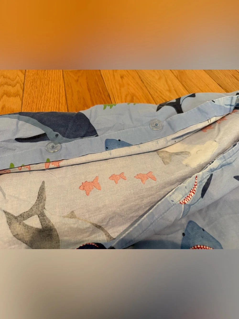 Pottery Barn Kids Shark Bite duvet cover featuring blue sharks